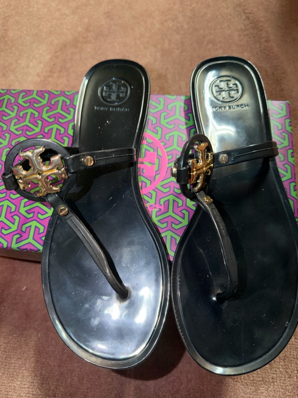 Tory Burch Black Jelly Thong Sandals with Gold Logo Medallions